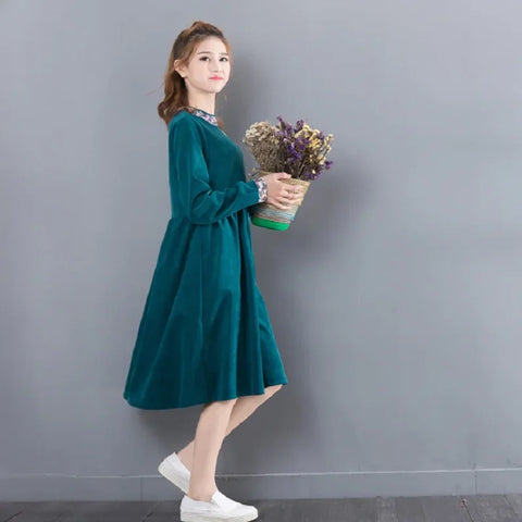 Mori Girl Autumn Spring Women Dress Round Neck Floral Vintage Dress Elegant Corduroy Green Long Sleeve Dresss Femininos