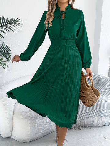 Elegant Dresses for Women Autumn Winter Casual Solid Color V Neck Lace Up Pleated Maxi Dress Red Khaki Green Woman Dresses