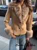 Beige Faux Suede Women Jacket Fur Collar Cuffs Trim Button Front Coat Vintage Western Cowgirl Style Warm Winter Outerwear