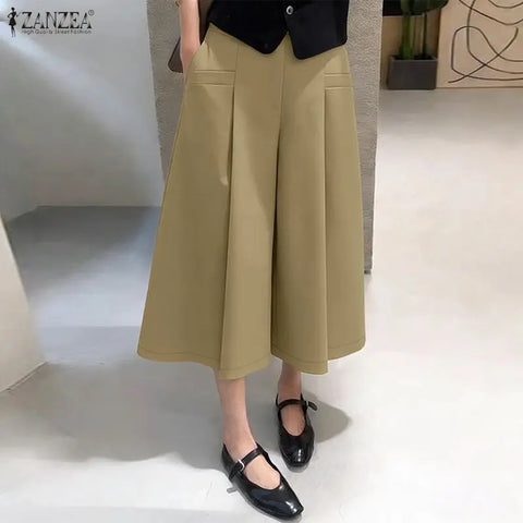 Women's Casual Wide-Leg Pants Elastic Back Waist Solid Loose Mid-Calf Length Trousers Streetwear Cropped Pant
