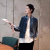 Retro Chinese Style Navy Blue Velvet Jacket, Women's French Chic Shirt Collar Blazer Elegant Business Tops J014
