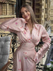 Elegant Printed Satin Long Dress Women Slim Lace Up V-neck Full Sleeve Pleat Dresses Autumn Lady Party Evening Robes