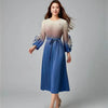 Elegant Gradient Color Pleated Women's Dress Lace Up Design Round Collar Flower Sleeve Famale Clothing 2DB8074