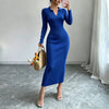 Women Polo Collar Knit Maxi Long Dress Elastic Ribbed Long Sleeve Bodycon Sweater Dress Elegant Ladies Party Casual Outfits