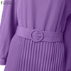Women's Elegant Chic Maxi Dresses Turtleneck Lantern Sleeves Belted High Waist Pleated Long Dress Korean Style Robe Femme