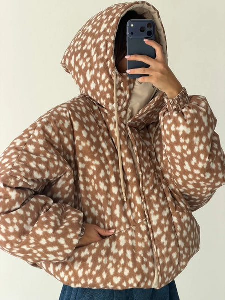 Women Deer Spotted Hooded Puffer Jacket Brown White Dots Drawstring Hood Cropped Elastic Cuff Coats Warm Winter Casual Outerwear