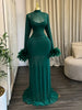 Women Feather Long Sleeve O-neck Ruched Mermaid Long Maxi Dress Street Mesh Sexy Party Cocktail Night Dresses