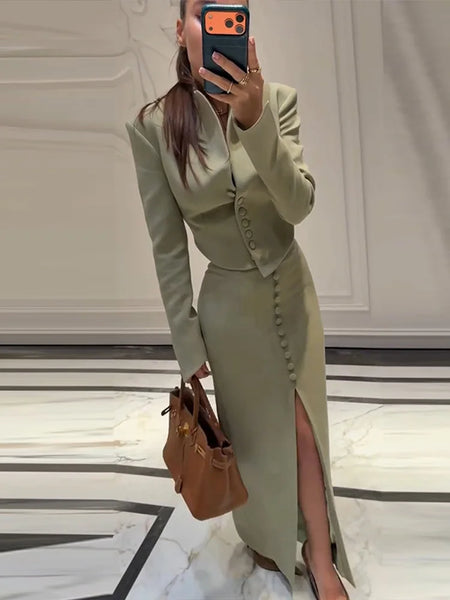 Casual Glossy Fitted Button‑Detail Jacket Skirt Set Lapel Collar Long‑Sleeve Autumn Women Outfit Warm Lady Two‑Piece Suit