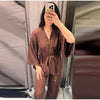 Casual Women Shirt Pant Set V-Neck Lace Up Loose Long Sleeve Top Wide Leg Trousers Suit Spring Autumn Chic Lady Outfits