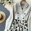 French Style Elegant Two Piece Sets Women Double Breasted Blazer Jacket + Mesh A-line Long Dress Korean Outfits