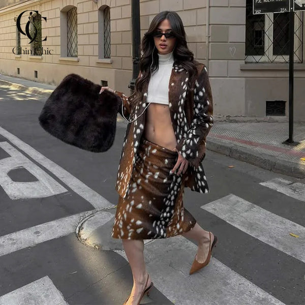 Deer Spotted Print Women 2pcs Skirt Sets Notched Lapel Oversized Blazer Midi Skirt Elegant Chic Autumn Winter Office Outfit