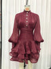 Elegant Pink High Neck Organza Fabric Mini Dresses for Women Puff Sleevs Ruched Waist Tiered Ruffles for Cocktail Parties
