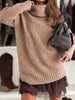 Autumn Winter Turtleneck Patchwork Mini Dress, Holiday Long Sleeve Chic Sweater Dress, Solid Loose Ladies Dress