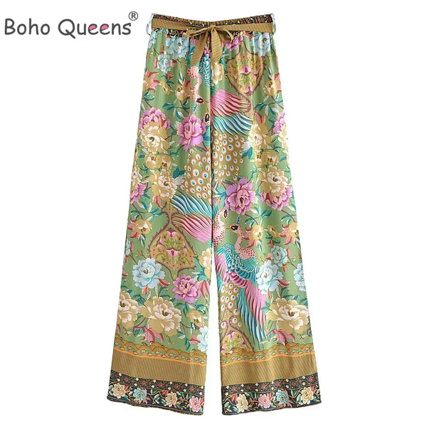 Women Peacock Floral Print Bohemian Wide Leg Pants Lady Elastic Waist Loose Rayon Boho Long Pant Oversize Trousers