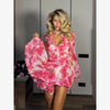 Women Elegant Floral A-line Pleated Dress Sexy Long-sleeved Waist Cinching Ruffle Mini Dresses Lady Vacation Street Gowns