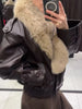 Ladies Winter Retro Fur Collar Leather Jacket V‑Neck Full Lapel Long Sleeve Double Breasted Urban Warm Casual Outer