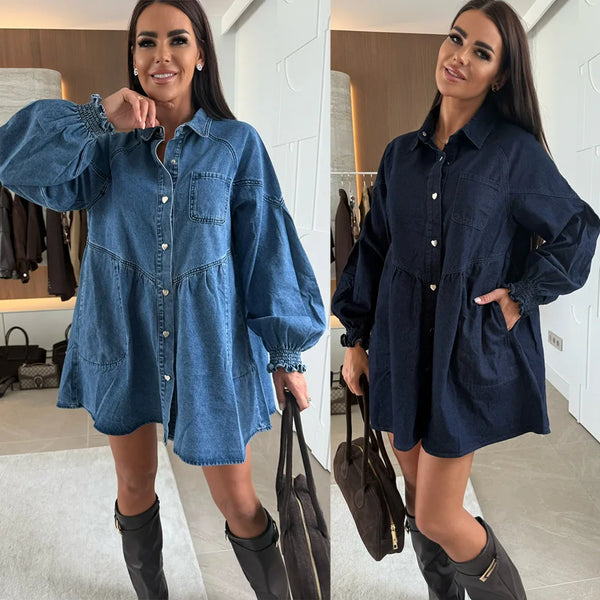 Women's Casual Shirt Button Long Sleeve Denim Dress Loose Pockets Dress