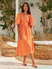 100% Cotton V-neck Waist Cinched Dress Unique Lantern Sleeve Sexy Slit Long Skirt Women's Casual Dresses