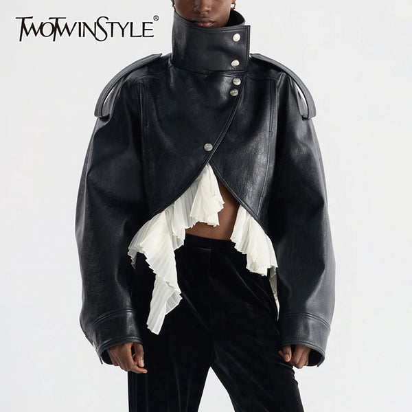 Edgy Faux Leather Cropped Jacket for Women Lapel Snap Button Irregular Pleated Ruffle Hem Long Sleeve Biker Coat