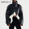 Edgy Faux Leather Cropped Jacket for Women Lapel Snap Button Irregular Pleated Ruffle Hem Long Sleeve Biker Coat