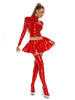 Women Glossy 2-piece PU Leather Club Outfits Long Sleeve Front Zipper Crop Jacket and Pleated Miniskirt Set for Pole Dance Raves