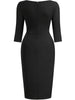 Womens Elegant Round Neck 2/3 Sleeve Work Office Knee Length Solid Business Casual Party Ruched Pencil Bodycon Sheath Dress
