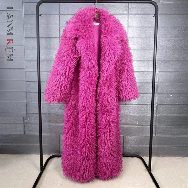 Colorful Women's Furry Coat Rose Pink Faux Fur Coat Suit Collar Autumn Winter Thick Cardigan Long Overcoat Chic 2DB5859