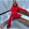 Women Hooded Puffer Coat Faux Fur Trim Self Tie Belt Waist Long Sleeve Warm Padded Jacket Winter All-match Commute Coats