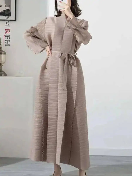 Spliced Pleated Dress For Women V-neck Long Sleeves Designer Belt Party Dresses Patchwork Female Clothing 2YA1324