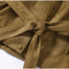 Chic Green Suede Lace Up Jackets Women Loose Stand Collar Belt Long Sleeve Buttons Coats Autumn Winter Lady Outwear