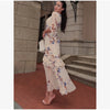 Floral Printed Chiffon Long Dress Women Chic Deep V-neck Lace Patchwork Mini Sleeves Slim Fit Dresses Lady Daily Wear