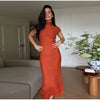 Elegant Women High Neck Cap Sleeve Midi Dress Glitter Fringe Hem Bodycon Pencil Dress Wedding Guest Cocktail Evening Gowns