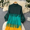 Tassel Patchwok Color Block Dress for Women Pleated Puff Sleeve Mid-calf Dresses Female Autumn