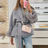 Elegant Lace Up Woolen Coat Women Furry Lapel Fur Patchwork Belt Loose Short Jacket Female Lady Autumn Winter Cardigans