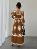 Women's All Over Print Shirred Bishop Sleeve A Line Dress, Long Sleeve Dress for Fall & Winter