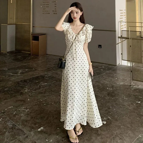 Elegant Lady V-Neck Polka Dot Dress French Ruffles Bubble Sleeve Lace Up Vestidos Temperament Waist Tight A-Line Long Robes