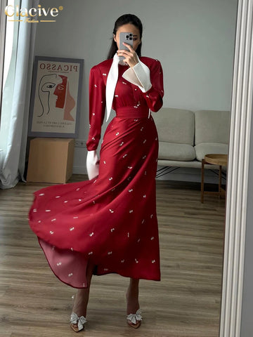 Loose Print Women's Dress Elegant Lapel Long Sleeve Ankle Length Dresses Casual Classic High Waist Female Dress