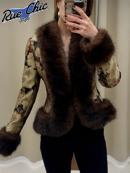 Floral Jacquard Faux Fur Trim Coat Women V Neck Single Button Full Sleeve Furry Cuff Jacket Lady Vintage Winter Warm Party Coats