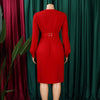 Elegant Dresses Woman V Neck Full Sleeve Pleated Mid Calf Belt Waisted African Female Birthday Party Dress