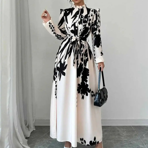 Dresses For Women Black And White Flowers Print Long Sleeve Ruffled Collar Elegant Dress Lace Up A-Line Dress Spring