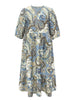 Plus Size Women's Blue-Brown Ethnic Paisley Print V-Neck Half Sleeve Tie Waist Dress