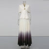 Spliced Button Two Piece Sets for Women V Neck Cape Sleeve Tunic Top High Waist Ombre Skirt Elegant Set Female