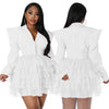 Vintage Women Single Breasted Notched Neck Puff Long Sleeve Mesh Cascading Ruffles Big Swing Blazer Dress Chic Vestidos