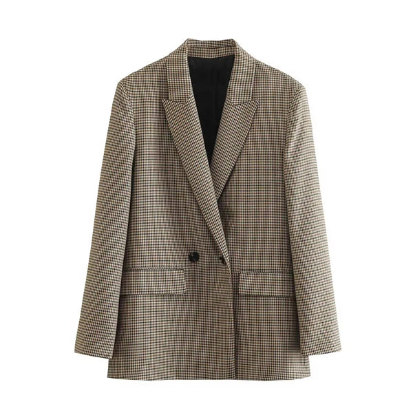 Women Double Breasted Plaid Blazer Coat Vintage Long Sleeve Flap Pockets Female Outerwear Chic Vestes Femme