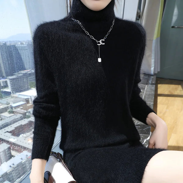 Selling 100% Mink Cashmere Knitted Women's High Neck Pullover Dress Sweater Slim Fit Solid Color Long Women's Dress