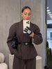 Women Black Pinstripe Two Piece Suit Belted Wrap Blazer Wide Leg Pants Autumn Office Formal Business Outfit Sets