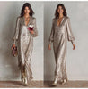 Elegant Slit Sequin Dress Women Autumn Winter Long Sleeve V-neck Loose Maxi Party Dresses Casual