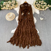 Retro Elegant V-neck ruffle lace-up pleated long sleeve A-line Casual High Waist Dress Women Autumn Dress