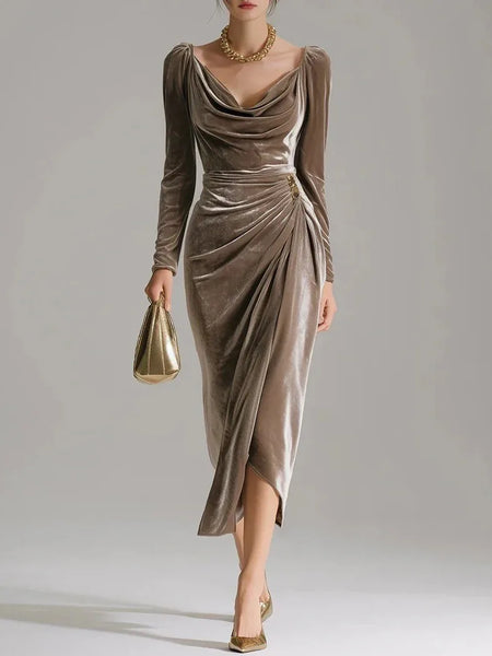European and American Women's Casual Gold Velvet Sexy Long-Sleeve Slim Pleated Long Split Bodycon Dress