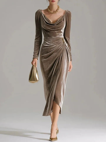 European and American Women's Casual Gold Velvet Sexy Long-Sleeve Slim Pleated Long Split Bodycon Dress